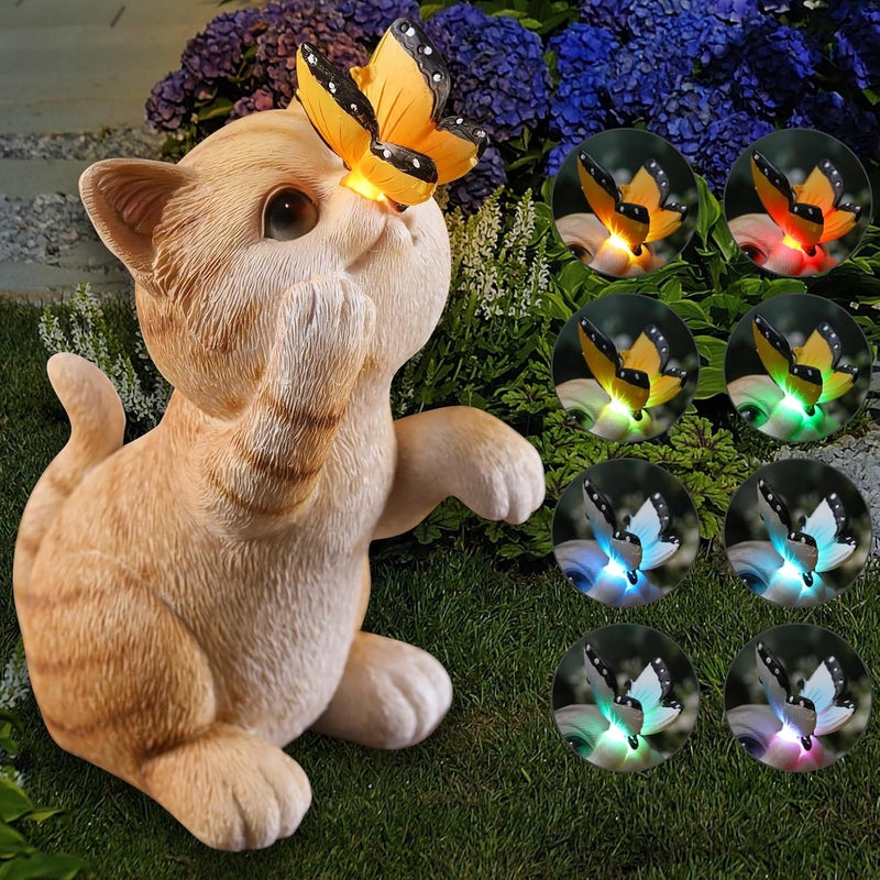 halp·ssfm Solar Garden Statue Cute Cat Figurine Fun Color Changing LED Butterfly Light Outdoor Decor Waterproof Resin Sculpture Patio Lawn Art Housewarming Gifts for Cat Lovers Women - Image 1